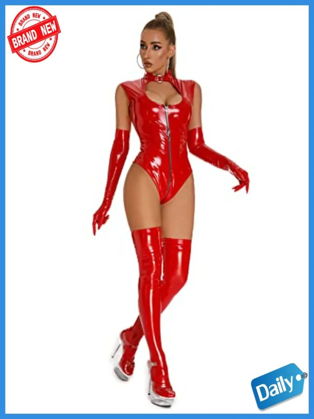Shiny Metallic Bodysuit Jumpsuit - High Neck Keyhole Back Clubwear